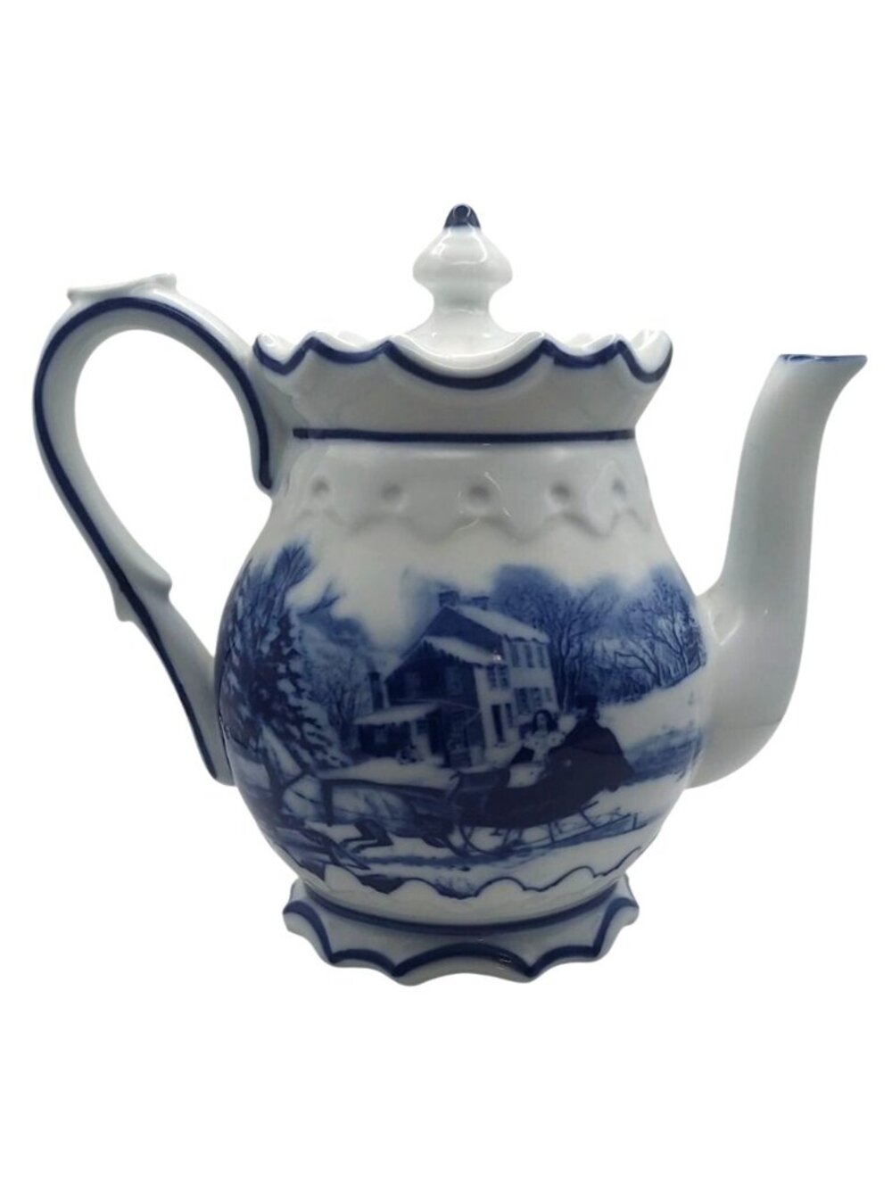 Cracker Barrel Blue White Porcelain Winter Sleigh Ride Tea Coffee Pot Vintage